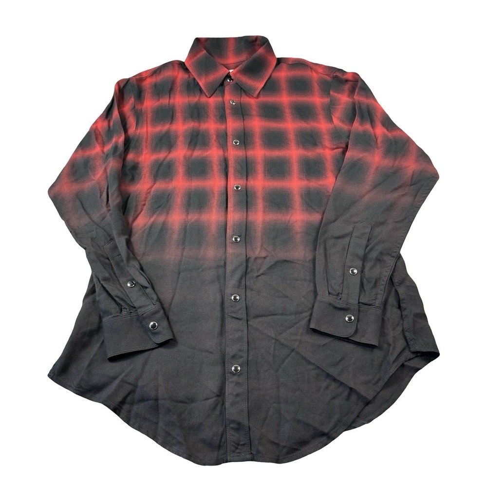 ORO Los Angeles Red Black Check Rayon Pearl Snap Flannel Shirt Mens Medium M